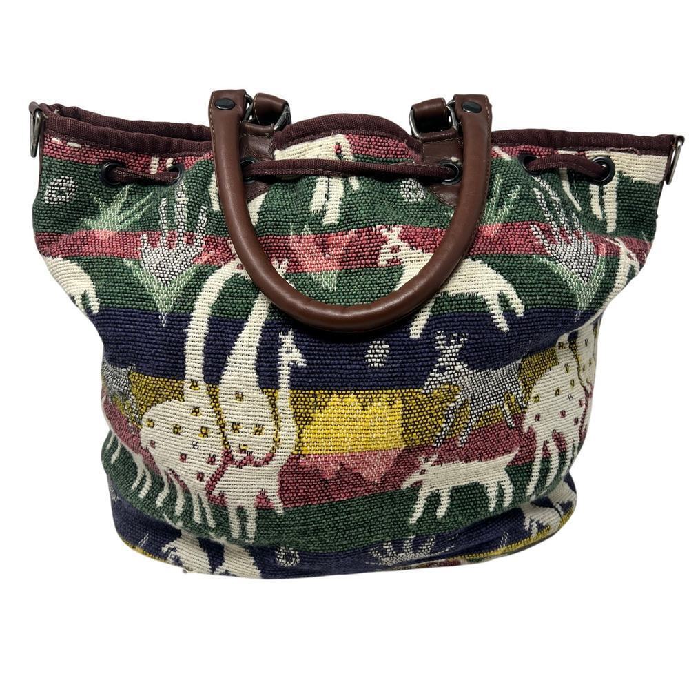 Woven Safari Scene Purse Blue Red Yellow Green Vintage Fabric Top Handle